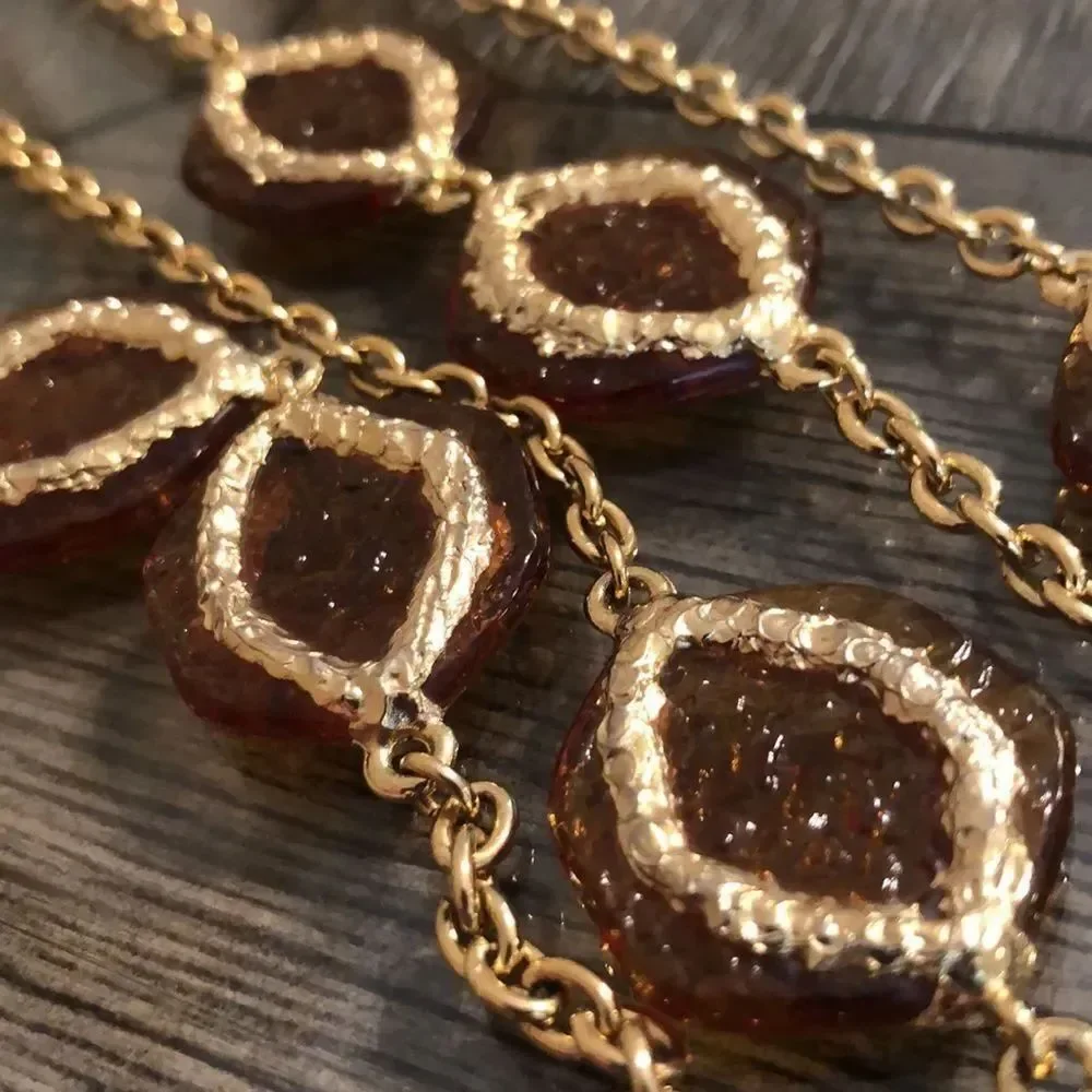 Vintage Station Necklace Amber Acrylic Accents